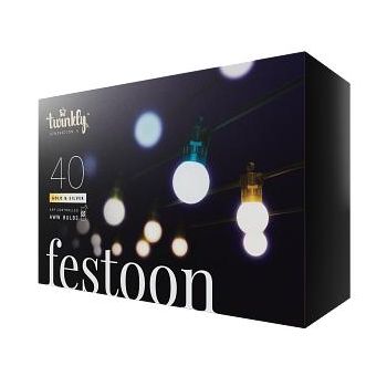 Twinkly Festoon – App-gesteuerte Lichterkette mit 40 AWW (bernsteinfarben warmweiß kaltweiß) LED 20 Meter schwarzes Kabel